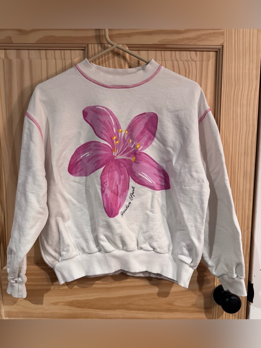 Zara Garden Spirit White Sweatshirt Purple Flower Graphic Pink Stitching XS S